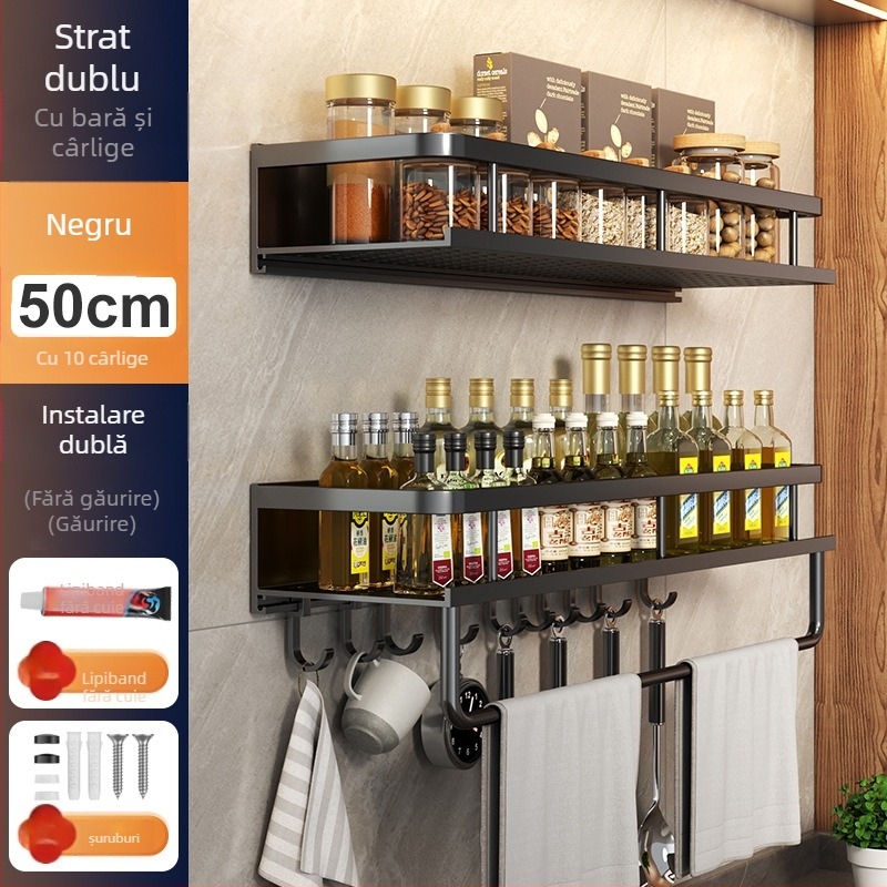 Raft de bucătărie montat pe perete, din aluminiu Space, multifuncțional, cu suport pentru cuțite (fără instalație necesară)