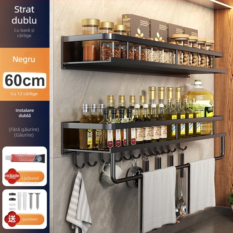 Raft de bucătărie montat pe perete, din aluminiu Space, multifuncțional, cu suport pentru cuțite (fără instalație necesară)