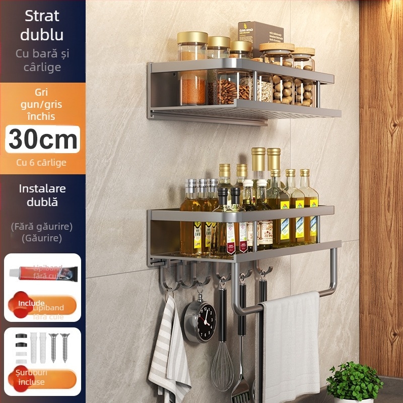 Raft de bucătărie montat pe perete, din aluminiu Space, multifuncțional, cu suport pentru cuțite (fără instalație necesară)