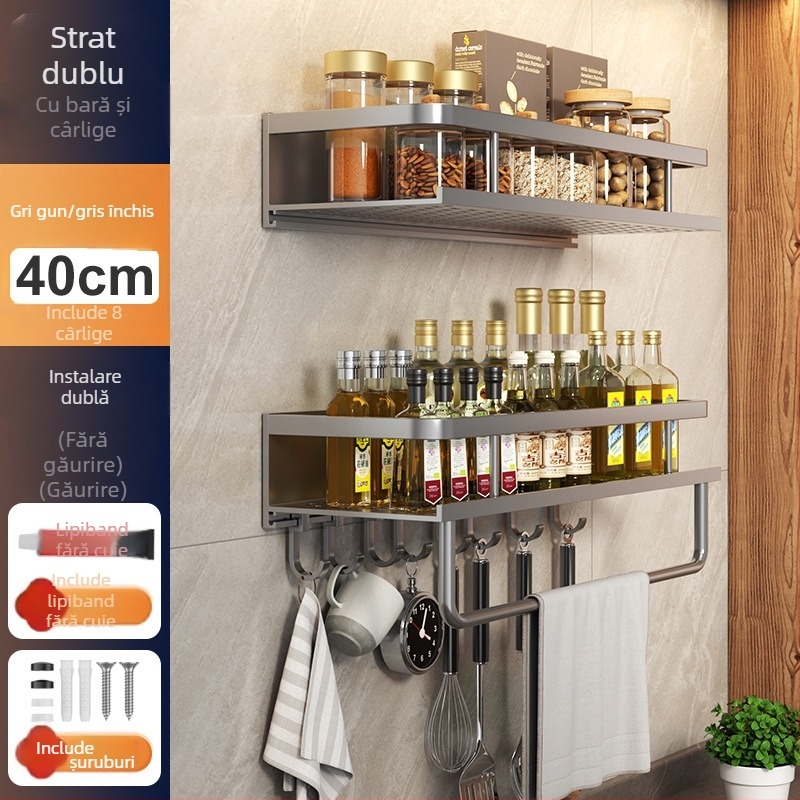 Raft de bucătărie montat pe perete, din aluminiu Space, multifuncțional, cu suport pentru cuțite (fără instalație necesară)