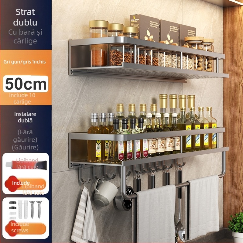 Raft de bucătărie montat pe perete, din aluminiu Space, multifuncțional, cu suport pentru cuțite (fără instalație necesară)