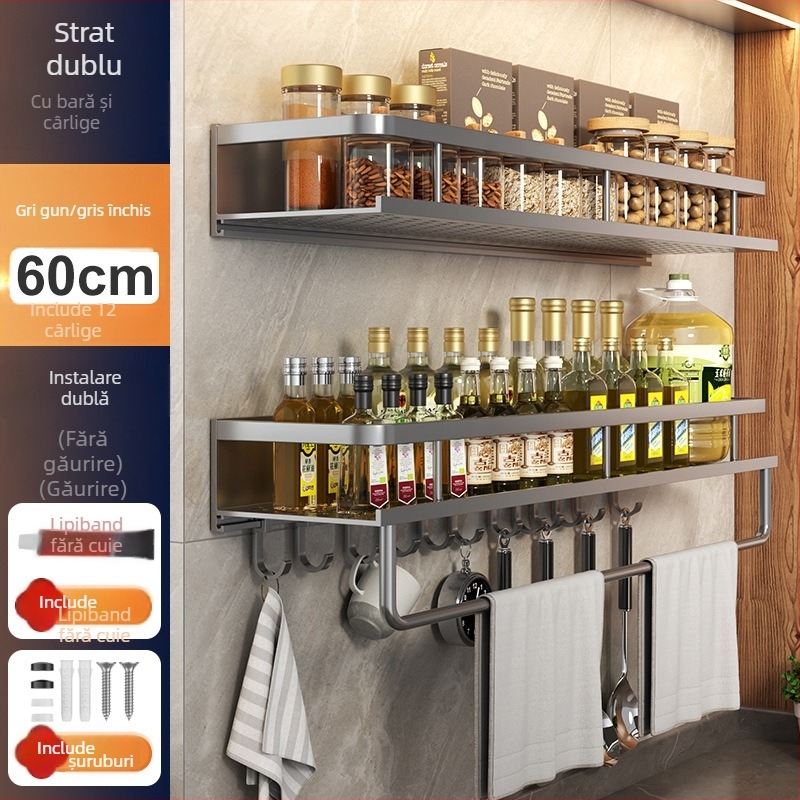 Raft de bucătărie montat pe perete, din aluminiu Space, multifuncțional, cu suport pentru cuțite (fără instalație necesară)