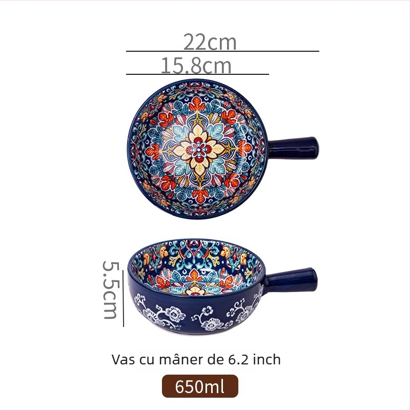 Vas de salată din porțelan, cu mâner, model cu plante, stil Nordic, formă rotundă, potrivit pentru cuptor cu microunde