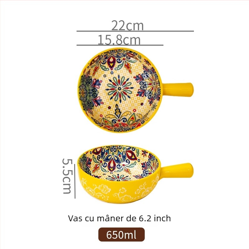 Vas de salată din porțelan, cu mâner, model cu plante, stil Nordic, formă rotundă, potrivit pentru cuptor cu microunde