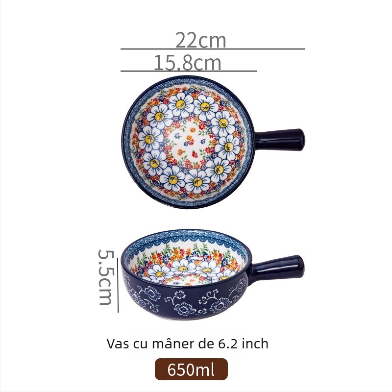 Vas de salată din porțelan, cu mâner, model cu plante, stil Nordic, formă rotundă, potrivit pentru cuptor cu microunde