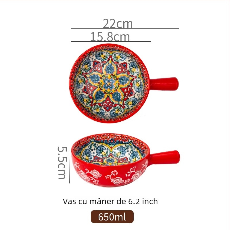 Vas de salată din porțelan, cu mâner, model cu plante, stil Nordic, formă rotundă, potrivit pentru cuptor cu microunde