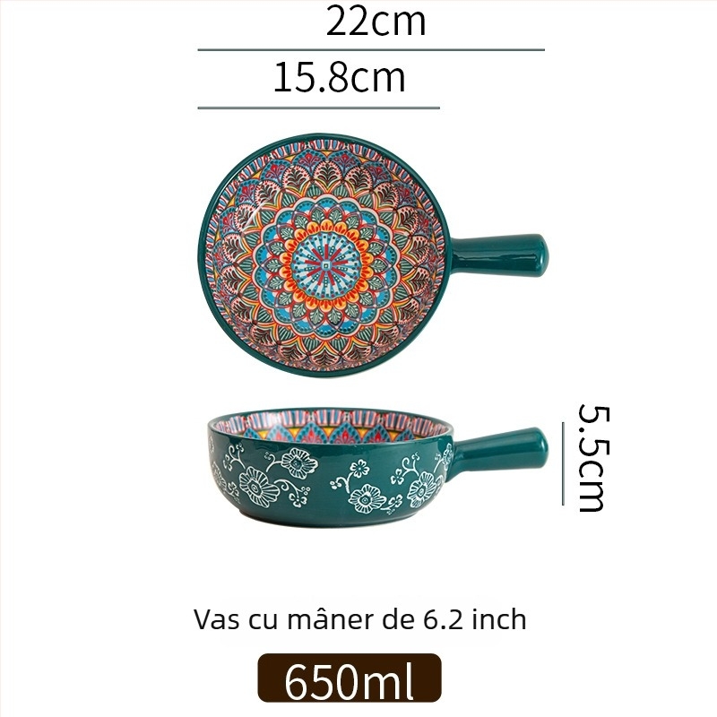 Vas de salată din porțelan, cu mâner, model cu plante, stil Nordic, formă rotundă, potrivit pentru cuptor cu microunde