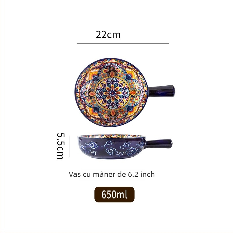 Vas de salată din porțelan, cu mâner, model cu plante, stil Nordic, formă rotundă, potrivit pentru cuptor cu microunde