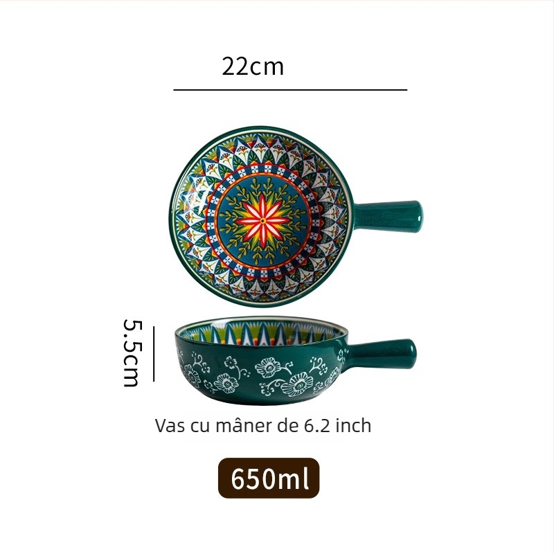 Vas de salată din porțelan, cu mâner, model cu plante, stil Nordic, formă rotundă, potrivit pentru cuptor cu microunde