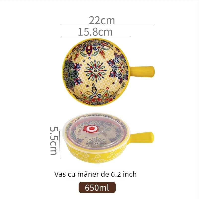 Vas de salată din porțelan, cu mâner, model cu plante, stil Nordic, formă rotundă, potrivit pentru cuptor cu microunde