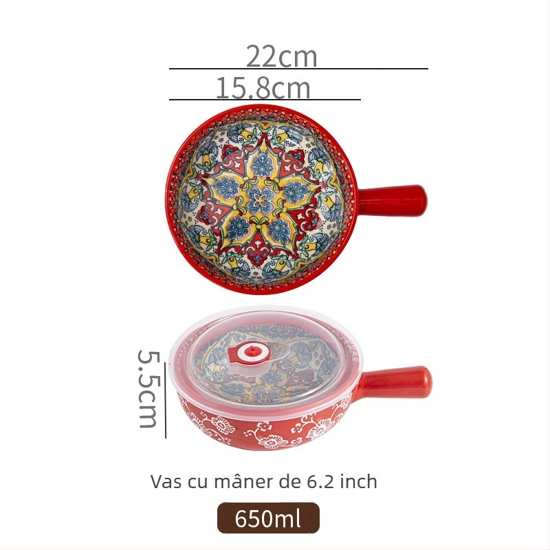 Vas de salată din porțelan, cu mâner, model cu plante, stil Nordic, formă rotundă, potrivit pentru cuptor cu microunde