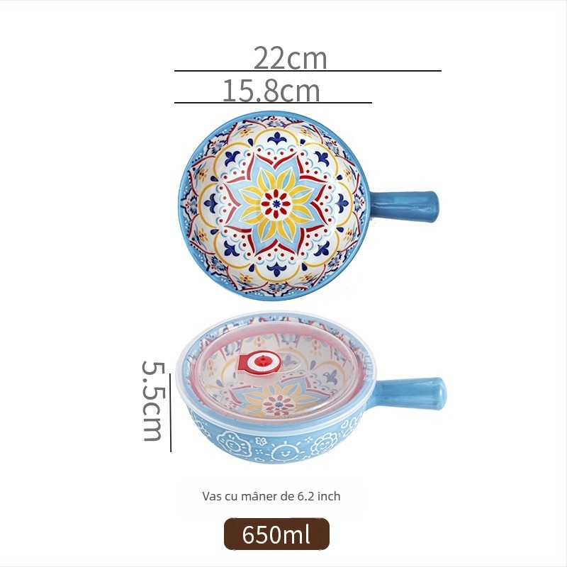 Vas de salată din porțelan, cu mâner, model cu plante, stil Nordic, formă rotundă, potrivit pentru cuptor cu microunde