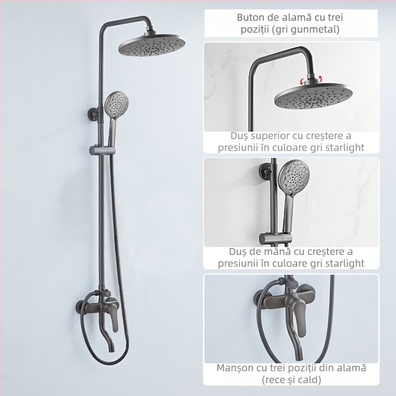 Set duș cu cap de duș jet superior, din cupru, control temperatură cu afișaj digital, temperatură constantă, montaj pe perete