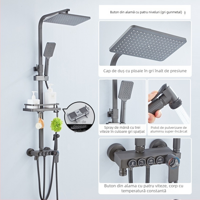 Set duș cu cap de duș jet superior, din cupru, control temperatură cu afișaj digital, temperatură constantă, montaj pe perete