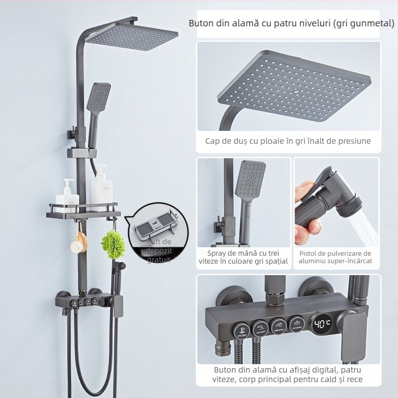 Set duș cu cap de duș jet superior, din cupru, control temperatură cu afișaj digital, temperatură constantă, montaj pe perete