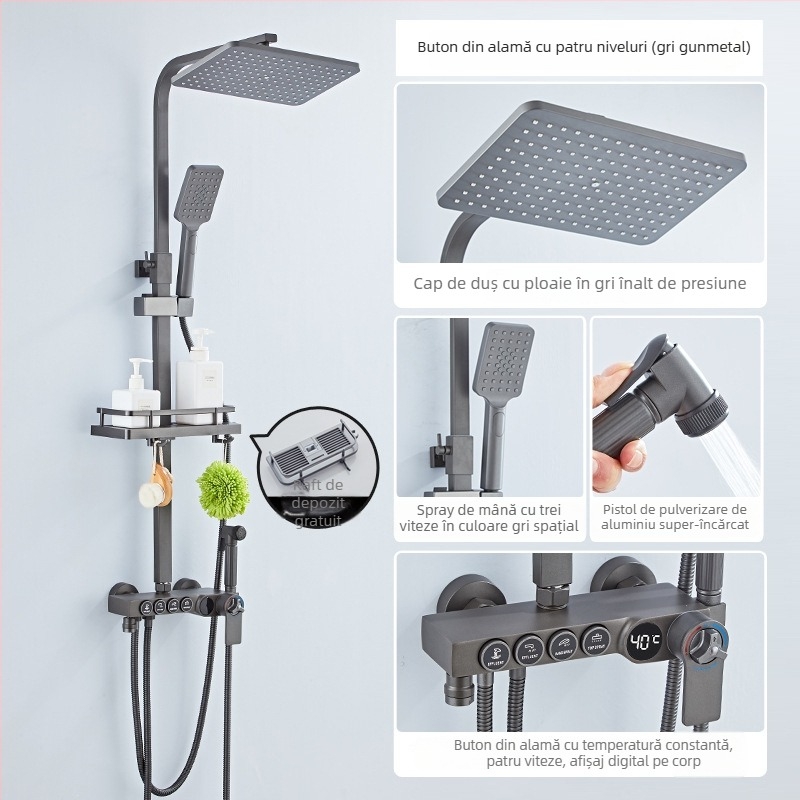 Set duș cu cap de duș jet superior, din cupru, control temperatură cu afișaj digital, temperatură constantă, montaj pe perete