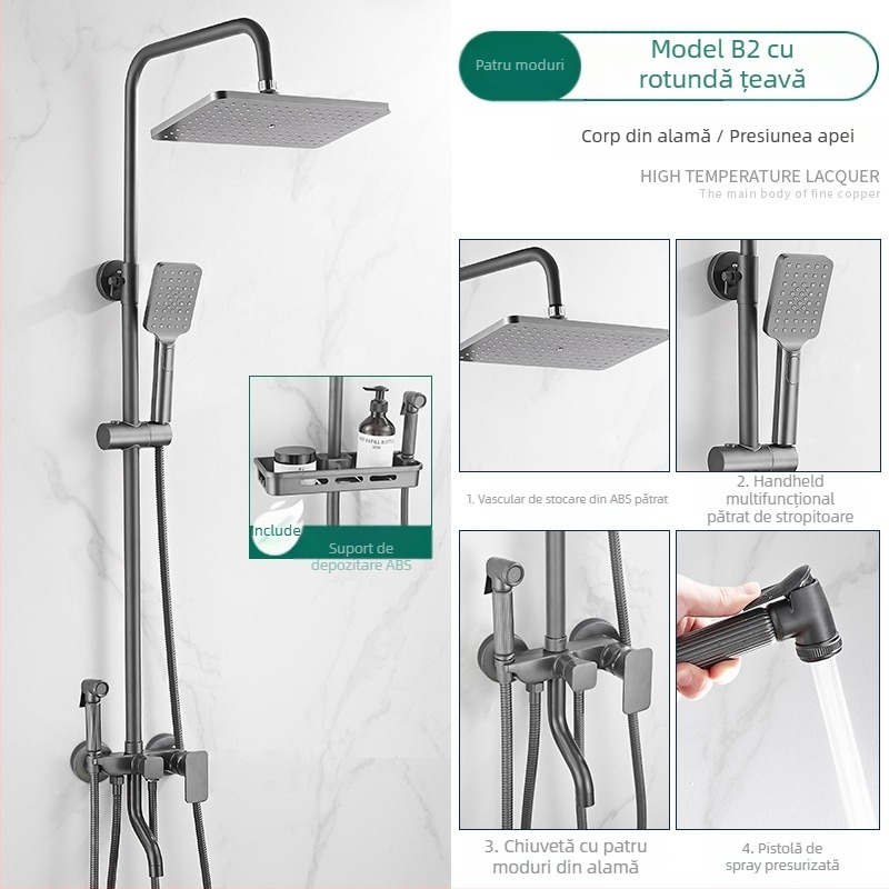 Set duș cu cap de duș jet superior, din cupru, control temperatură cu afișaj digital, temperatură constantă, montaj pe perete
