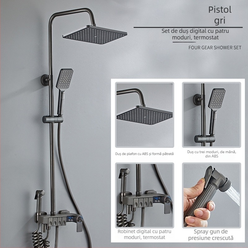 Set duș cu cap de duș jet superior, din cupru, control temperatură cu afișaj digital, temperatură constantă, montaj pe perete