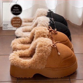 Papuci de interior pentru femei, exterior din imitatie de velur, vârf rotund, căptușeală din pluș artificial, talpă PVC pentru iarnă și toamnă