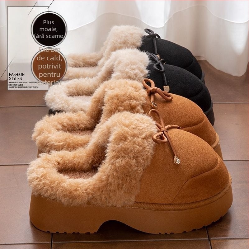 Papuci de interior pentru femei, exterior din imitatie de velur, vârf rotund, căptușeală din pluș artificial, talpă PVC pentru iarnă și toamnă