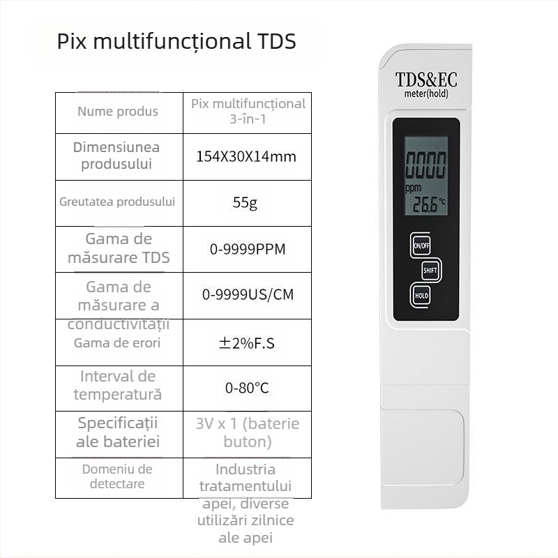 Five man Analizator portabil de calitate a apei – Trei în unu: temperatură, conductivitate (EC) și TDS – Model 1