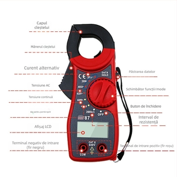 Multimetru digital cu clemă: măsoară tensiunea, curentul, rezistența și continuitatea sonoră; marca QST EXPRESS; etichetă privată licențiată.