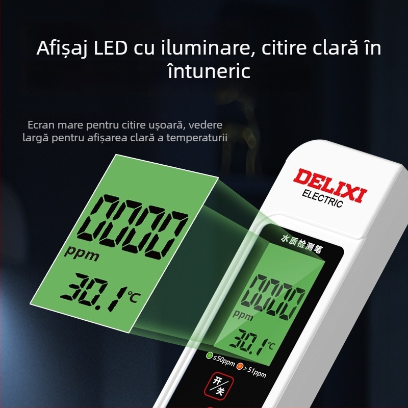 Delixi DLX-GM766 Analizator portabil de calitate a apei – detector TDS pentru apă de la robinet și apă potabilă, 0-9990 ppm, precizie ±2% FS, alimentare 3V