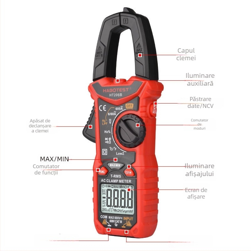 HABOTEST HT206B 600A AC ampermetru cu clemă, afișaj digital, precizie înaltă
