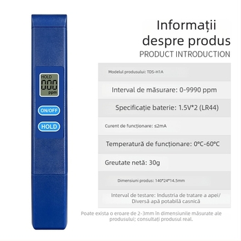 Analizator portabil de calitate a apei TDS-H1A: intervalul 0–9990 ppm, precizie 1 ppm, alimentare 3V