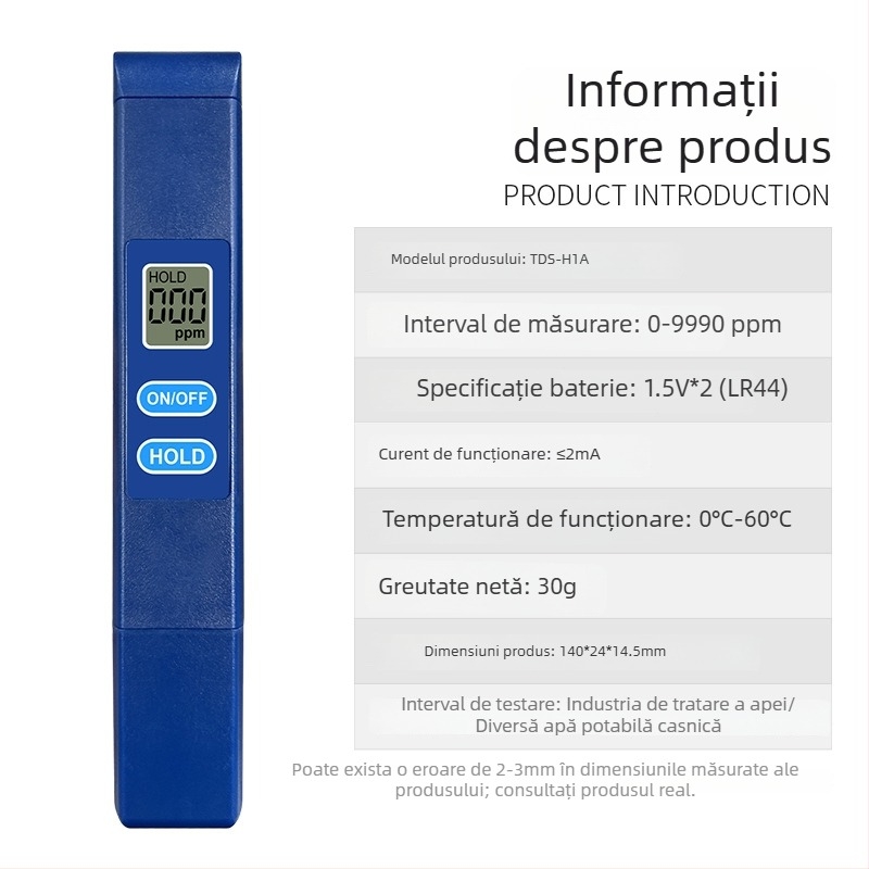 Analizator portabil de calitate a apei TDS-H1A: intervalul 0–9990 ppm, precizie 1 ppm, alimentare 3V