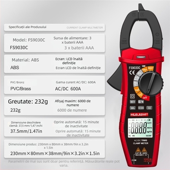 Multimetru cu clemă DC, curent 600 A, tensiune 600 V, rezistență 60 MΩ, deschidere a fălții 37.5 mm
