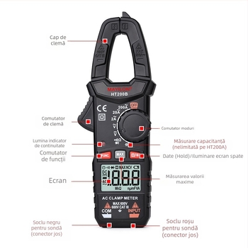 Mai Yilong clamp-metru digital HT200A/HT200B: tensiune 0–750 V, curent până la 600 A, rezistență 40 mΩ, deschidere clemă 25 mm