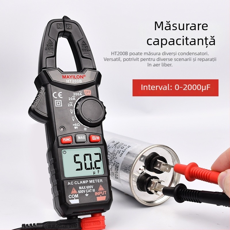 Mai Yilong clamp-metru digital HT200A/HT200B: tensiune 0–750 V, curent până la 600 A, rezistență 40 mΩ, deschidere clemă 25 mm
