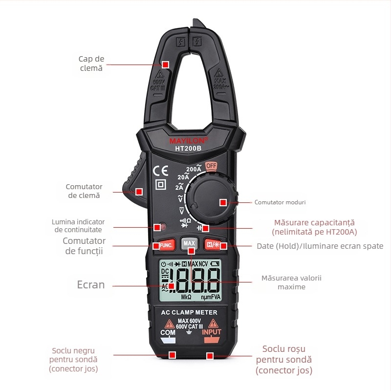 Mai Yilong clamp-metru digital HT200A/HT200B: tensiune 0–750 V, curent până la 600 A, rezistență 40 mΩ, deschidere clemă 25 mm