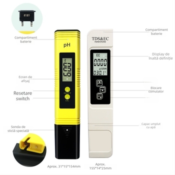 ws-01 set testare apă și sol 3-în-1 EC, pH, TDS – intervale măsurare: apă 0-9990, pH 0-14 (apă/sol), precizie ±2-3%, rezoluție 1 ppm / 0.01 pH, alimentare 3V
