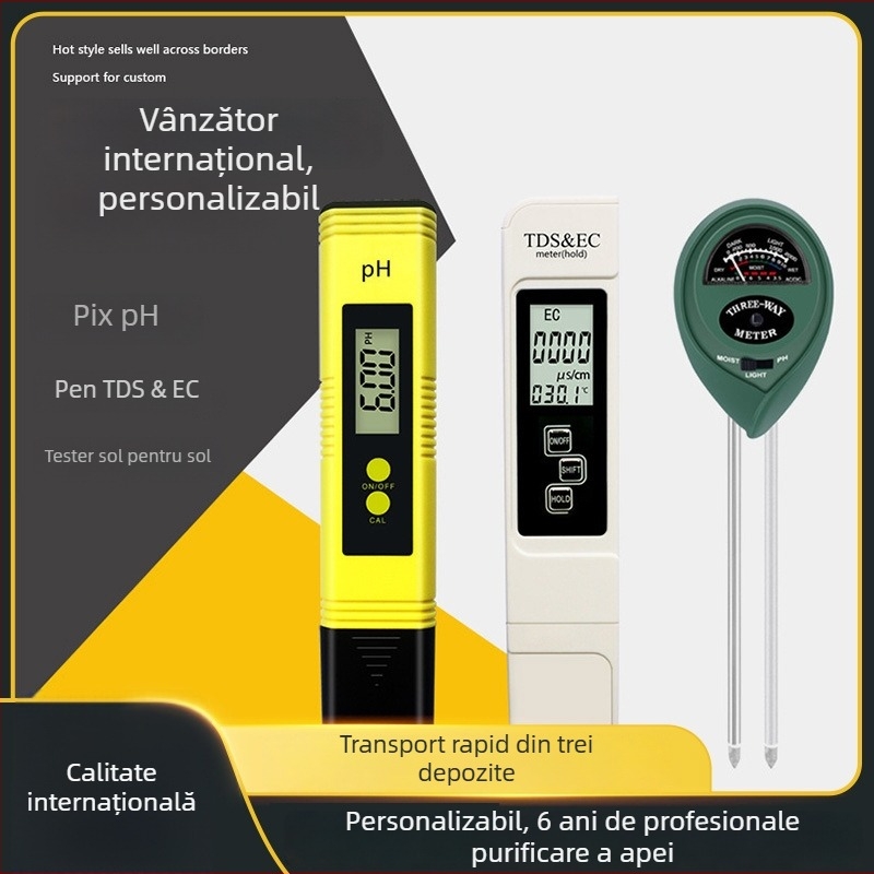 ws-01 set testare apă și sol 3-în-1 EC, pH, TDS – intervale măsurare: apă 0-9990, pH 0-14 (apă/sol), precizie ±2-3%, rezoluție 1 ppm / 0.01 pH, alimentare 3V