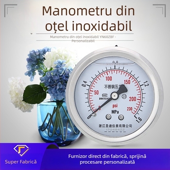 Manometru de presiune din oțel inoxidabil, tip panou, antișoc, model YN60ZBF, conexiune filetată, precizie 2.5, interval temperatură ambientală -40°C până la 200°C