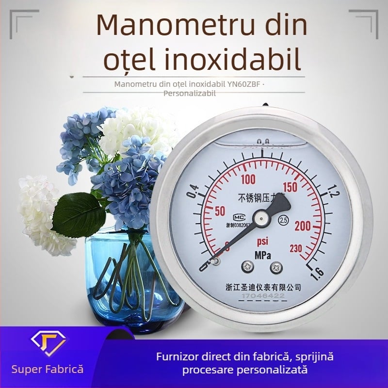 Manometru de presiune din oțel inoxidabil, tip panou, antișoc, model YN60ZBF, conexiune filetată, precizie 2.5, interval temperatură ambientală -40°C până la 200°C
