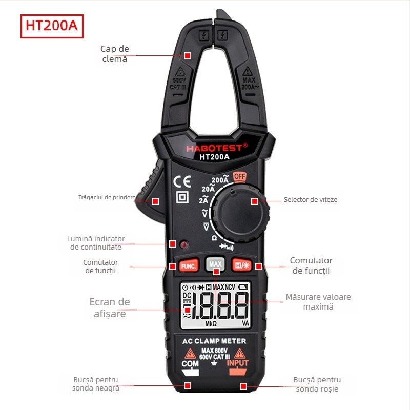 HABOTEST HT200A/B ampermetru cu clește AC cu afișaj digital