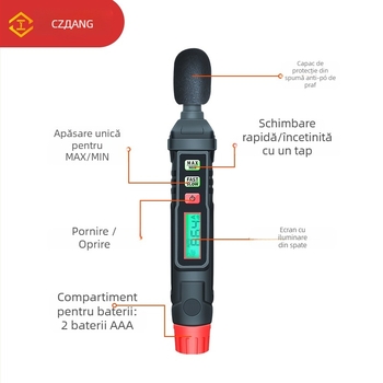 Măsurător digital de zgomot HT-64 – intervalul 30–130 dB; precizie ±1.5 dB (1 kHz), ±5 dB (8 kHz); rezoluție 1 dB
