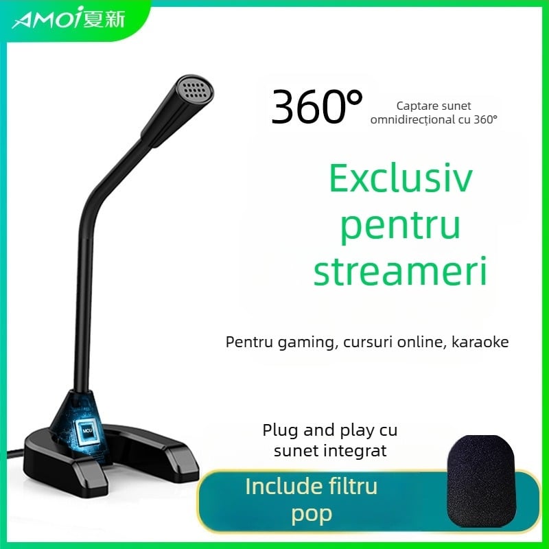 Amoi G8 Microfon USB condensator pentru computer, streaming live și karaoke – 20Hz-20kHz, SNR ≥95dB, Plug-and-Play, Alimentare USB 5V