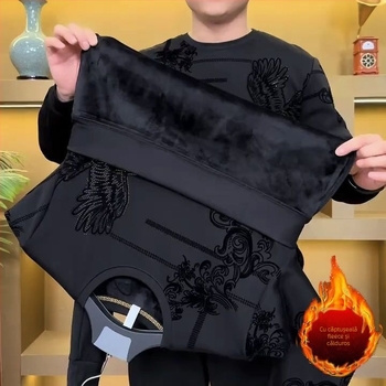 Bluza din fleece pentru bărbați cu guler rotund, mâneci lungi, croială lejeră, 96% poliester