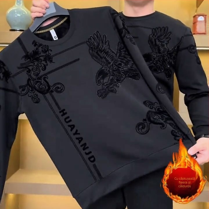 Bluza din fleece pentru bărbați cu guler rotund, mâneci lungi, croială lejeră, 96% poliester