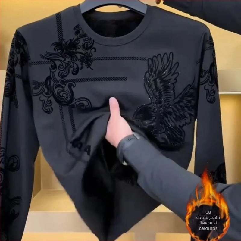 Bluza din fleece pentru bărbați cu guler rotund, mâneci lungi, croială lejeră, 96% poliester