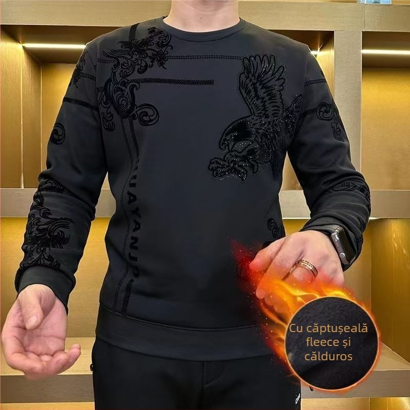 Bluza din fleece pentru bărbați cu guler rotund, mâneci lungi, croială lejeră, 96% poliester