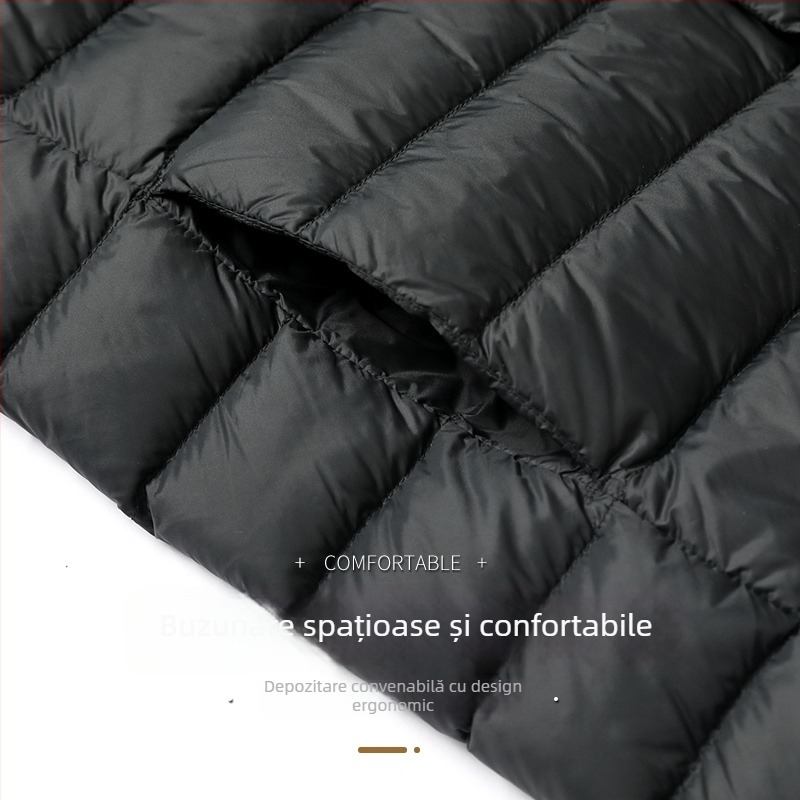 Jachetă de puf pentru bărbați – ușoară, cu puf alb (86–90%), 550 Fill Power, exterior Nylon/Polyamide 100%, căptușeală poliester 100%, croială subțire