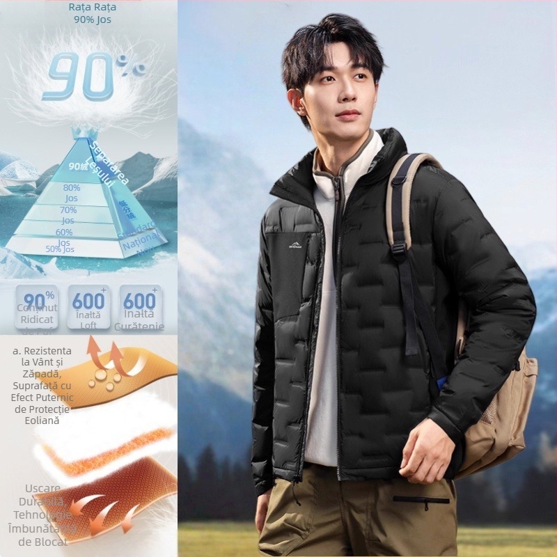 Jachetă de iarnă ușoară pentru bărbați, croială scurtă, guler înalt, umplutură din puf de rață alb, Fill Power 550, conținut puf 91–95%