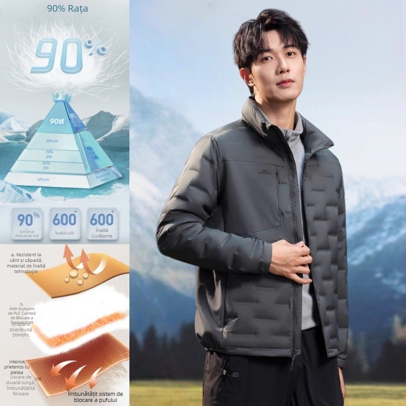 Jachetă de iarnă ușoară pentru bărbați, croială scurtă, guler înalt, umplutură din puf de rață alb, Fill Power 550, conținut puf 91–95%