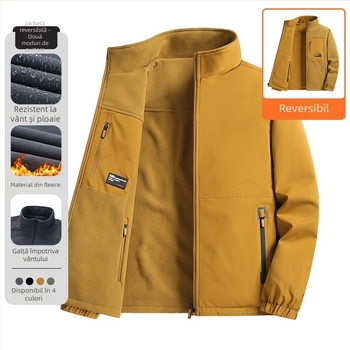 Jachetă reversibilă din fleece pentru bărbați, guler înalt, închidere cu fermoar, căptușeală fleece, buzunare 3D patch
