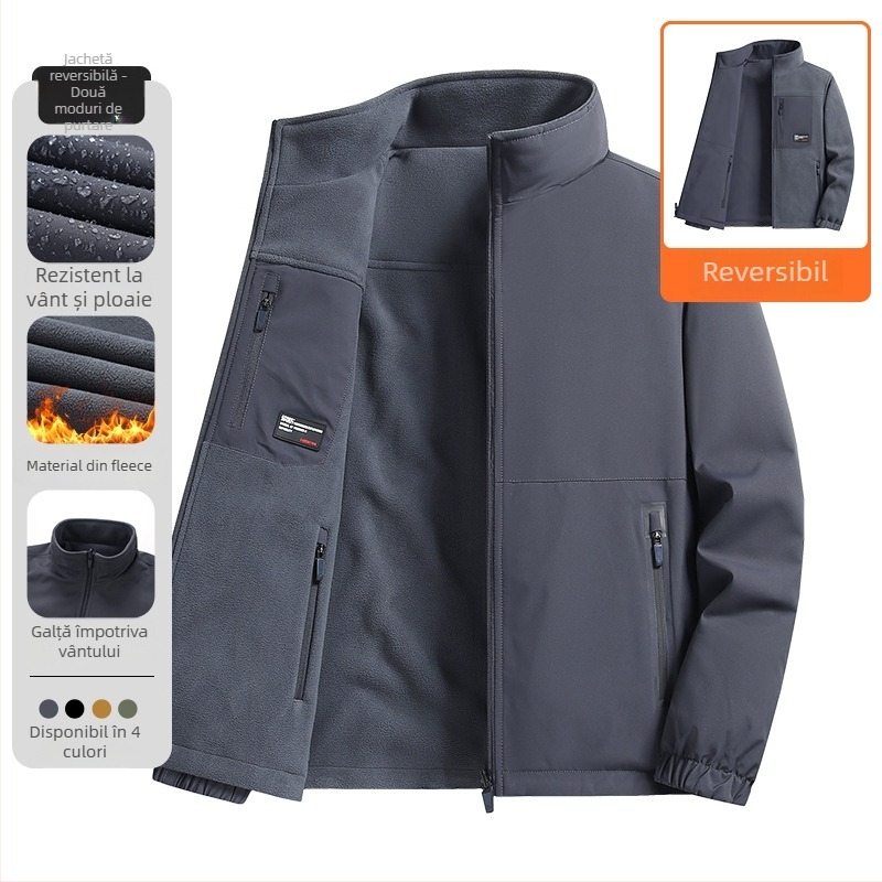 Jachetă reversibilă din fleece pentru bărbați, guler înalt, închidere cu fermoar, căptușeală fleece, buzunare 3D patch